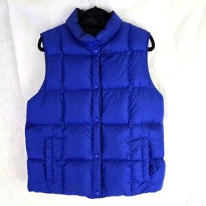 Columbia Women REVERSIBLE  puffer snap vest Sz M Black Cobalt Blue Pockets